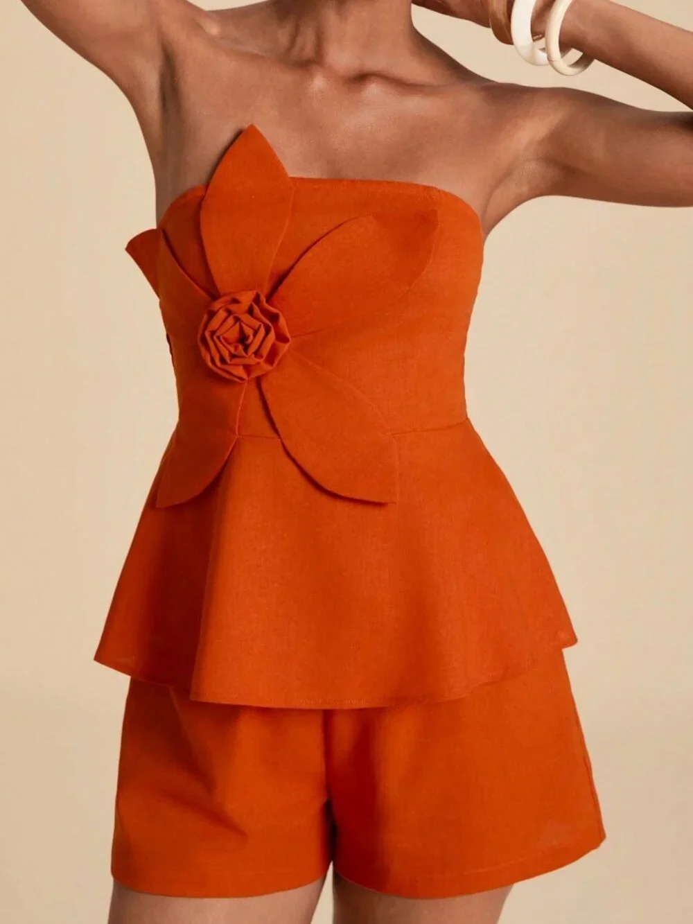Orange Casual Women's 3d Floral Decor Tube Top And Shorts coord Set